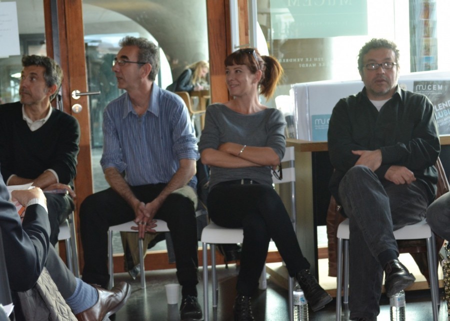 Quatre des quatorze auteurs ayant participé à l'écriture des nouvelles de Marseille Noir. De gauche à droite : Christian Garcin, Cédric Fabre, Marie Neuser et Patrick Coulomb ©MD
